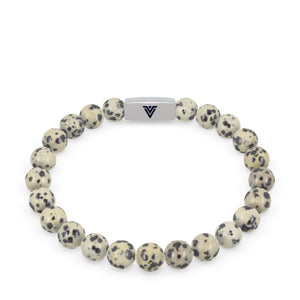 Front view of an 8mm Dalmatian Jasper beaded stretch bracelet with silver stainless steel logo bead made by Voltlin