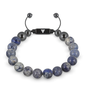 Front view of a 10mm Dumortierite crystal beaded shamballa bracelet with black stainless steel logo bead made by Voltlin