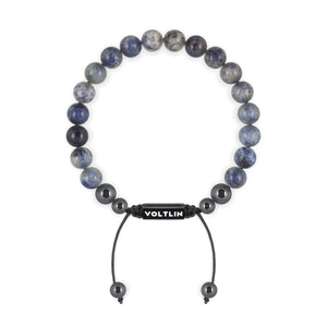 Top view of an 8mm Dumortierite crystal beaded shamballa bracelet with black stainless steel logo bead made by Voltlin