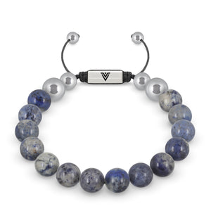 Front view of a 10mm Dumortierite beaded shamballa bracelet with silver stainless steel logo bead made by Voltlin