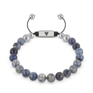 Front view of an 8mm Dumortierite beaded shamballa bracelet with silver stainless steel logo bead made by Voltlin
