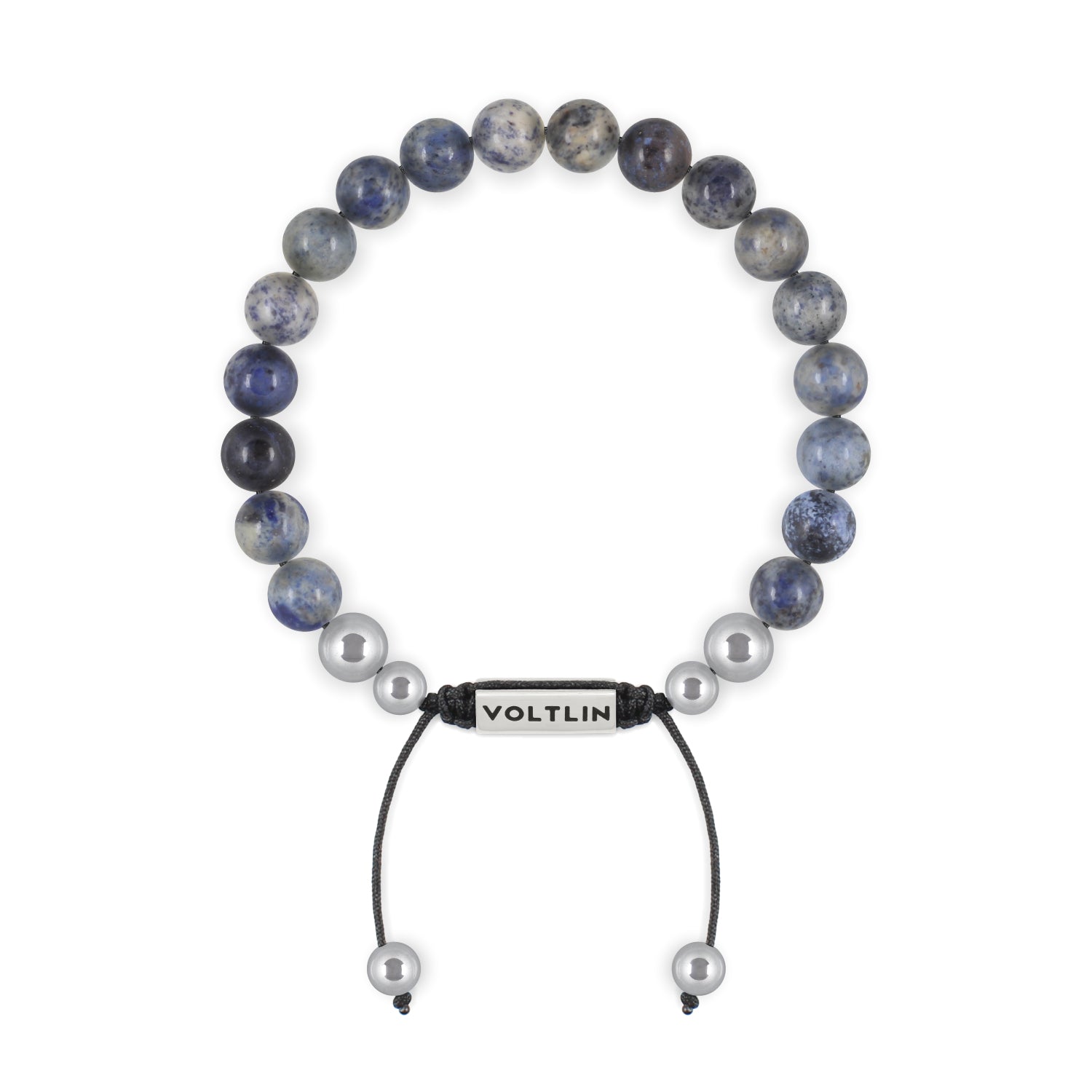 Front view of an 8mm Dumortierite beaded shamballa bracelet with silver stainless steel logo bead made by Voltlin