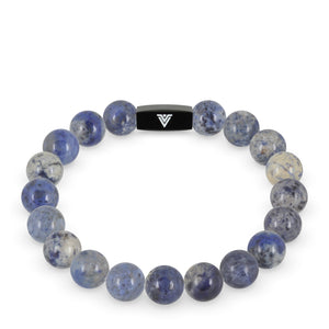 Front view of a 10mm Dumortierite crystal beaded stretch bracelet with black stainless steel logo bead made by Voltlin