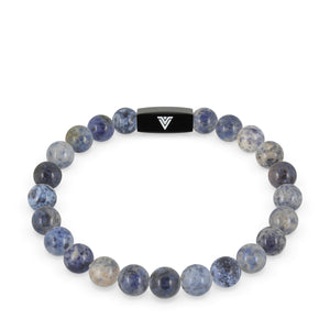 Front view of an 8mm Dumortierite crystal beaded stretch bracelet with black stainless steel logo bead made by Voltlin
