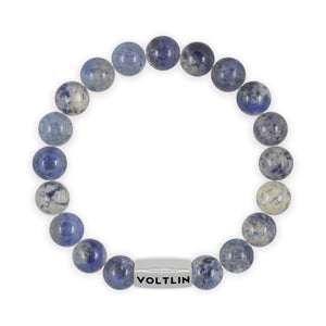 Top view of a 10mm Dumortierite beaded stretch bracelet with silver stainless steel logo bead made by Voltlin