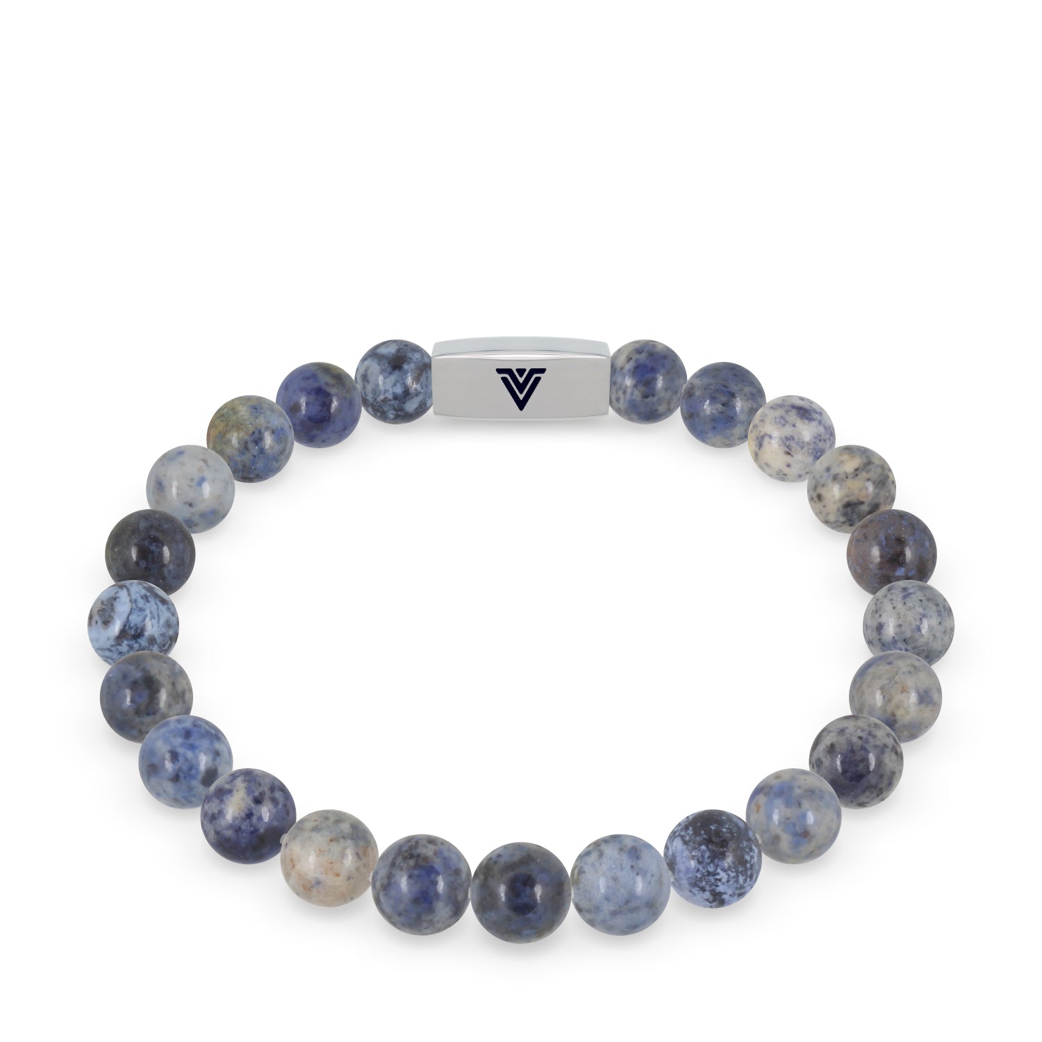 Front view of an 8mm Dumortierite beaded stretch bracelet with silver stainless steel logo bead made by Voltlin