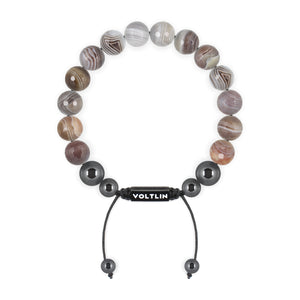 Top view of a 10mm Faceted Botswana Agate crystal beaded shamballa bracelet with black stainless steel logo bead made by Voltlin