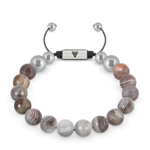 Front view of a 10mm Faceted Botswana Agate beaded shamballa bracelet with silver stainless steel logo bead made by Voltlin