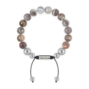 Top view of a 10mm Faceted Botswana Agate beaded shamballa bracelet with silver stainless steel logo bead made by Voltlin
