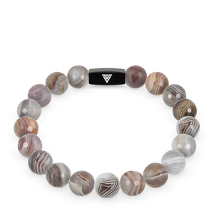 Front view of a 10mm Faceted Botswana Agate crystal beaded stretch bracelet with black stainless steel logo bead made by Voltlin