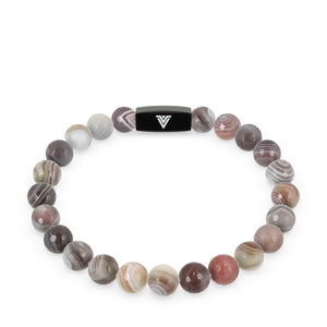 Front view of an 8mm Faceted Botswana Agate crystal beaded stretch bracelet with black stainless steel logo bead made by Voltlin