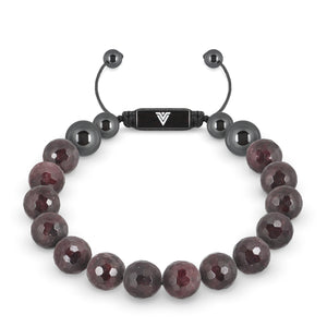 Front view of a 10mm Faceted Garnet crystal beaded shamballa bracelet with black stainless steel logo bead made by Voltlin