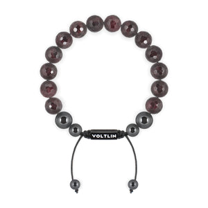 Top view of a 10mm Faceted Garnet crystal beaded shamballa bracelet with black stainless steel logo bead made by Voltlin
