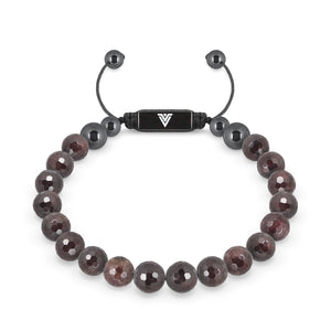 Front view of an 8mm Faceted Garnet crystal beaded shamballa bracelet with black stainless steel logo bead made by Voltlin