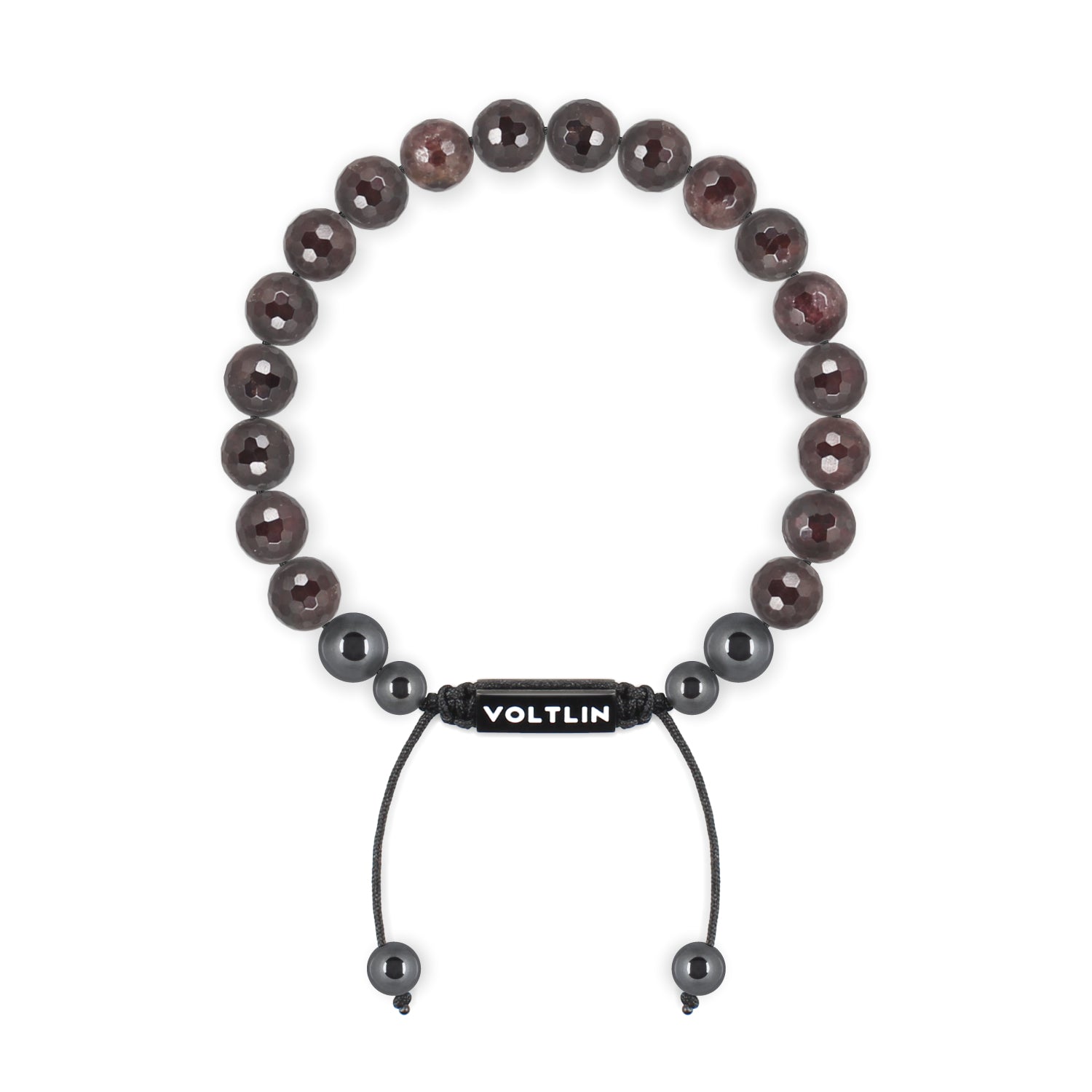Front view of an 8mm Faceted Garnet crystal beaded shamballa bracelet with black stainless steel logo bead made by Voltlin