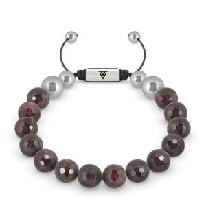 Front view of a 10mm Faceted Garnet beaded shamballa bracelet with silver stainless steel logo bead made by Voltlin