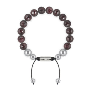 Top view of a 10mm Faceted Garnet beaded shamballa bracelet with silver stainless steel logo bead made by Voltlin
