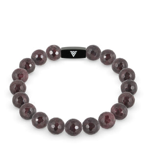 Front view of a 10mm Faceted Garnet crystal beaded stretch bracelet with black stainless steel logo bead made by Voltlin