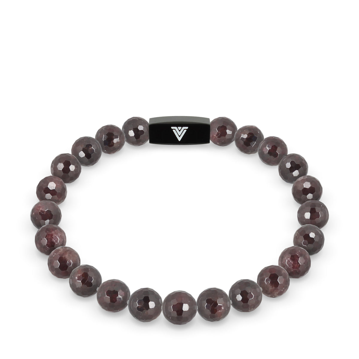 Front view of an 8mm Faceted Garnet crystal beaded stretch bracelet with black stainless steel logo bead made by Voltlin