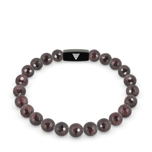 Front view of an 8mm Faceted Garnet crystal beaded stretch bracelet with black stainless steel logo bead made by Voltlin