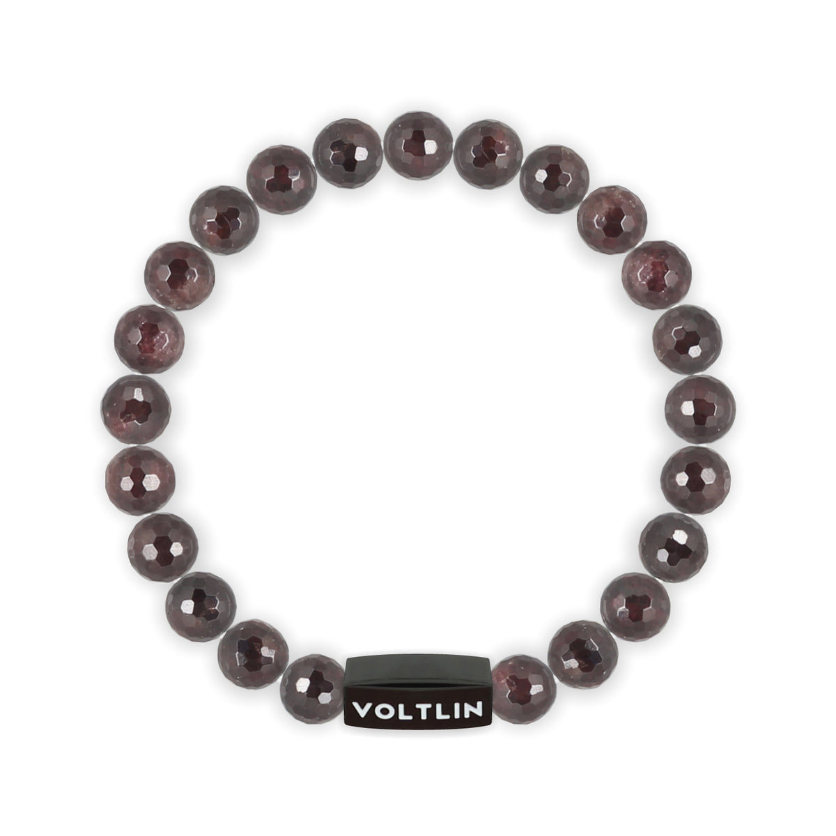 Top view of an 8mm Faceted Garnet crystal beaded stretch bracelet with black stainless steel logo bead made by Voltlin