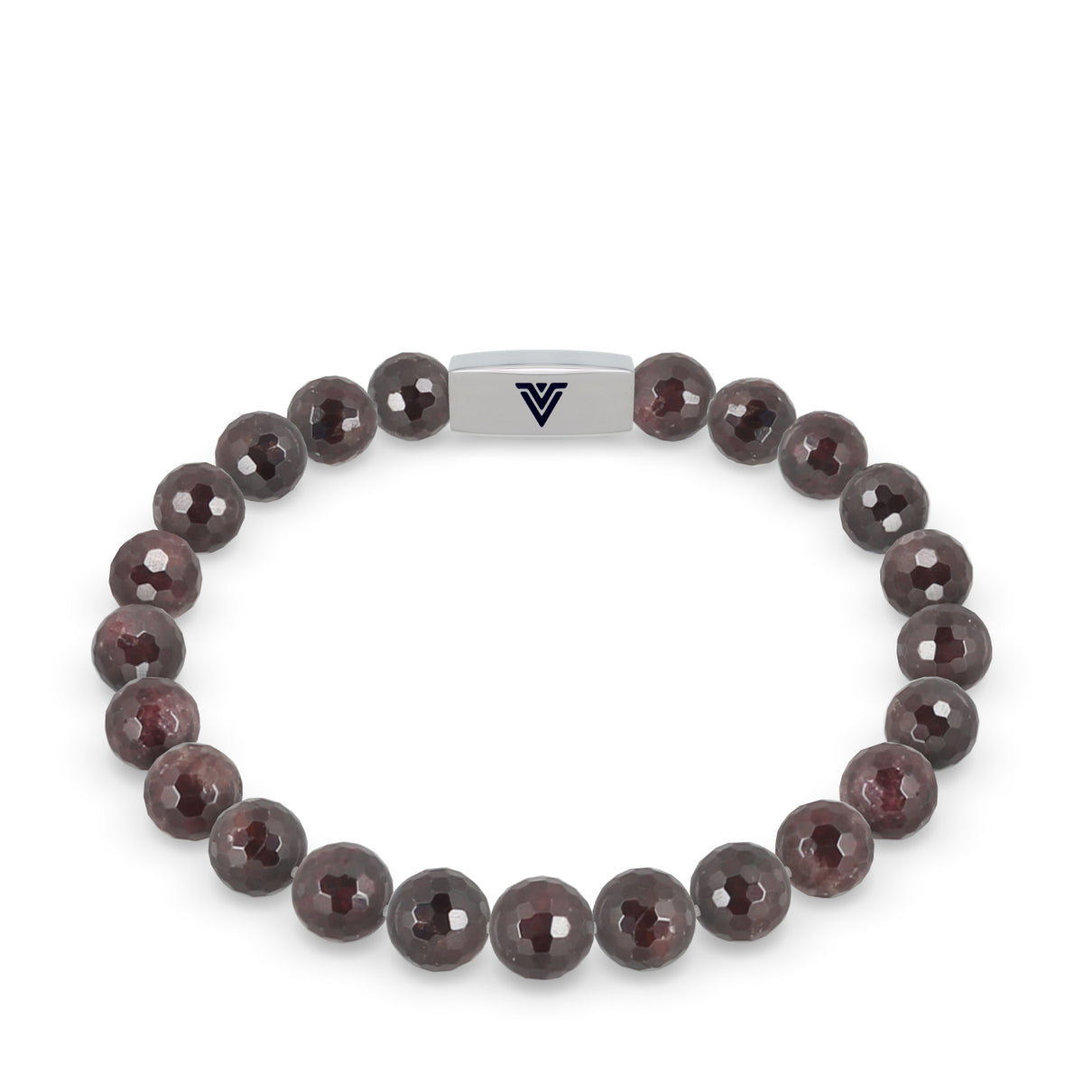 Front view of an 8mm Faceted Garnet Agate beaded stretch bracelet with silver stainless steel logo bead made by Voltlin