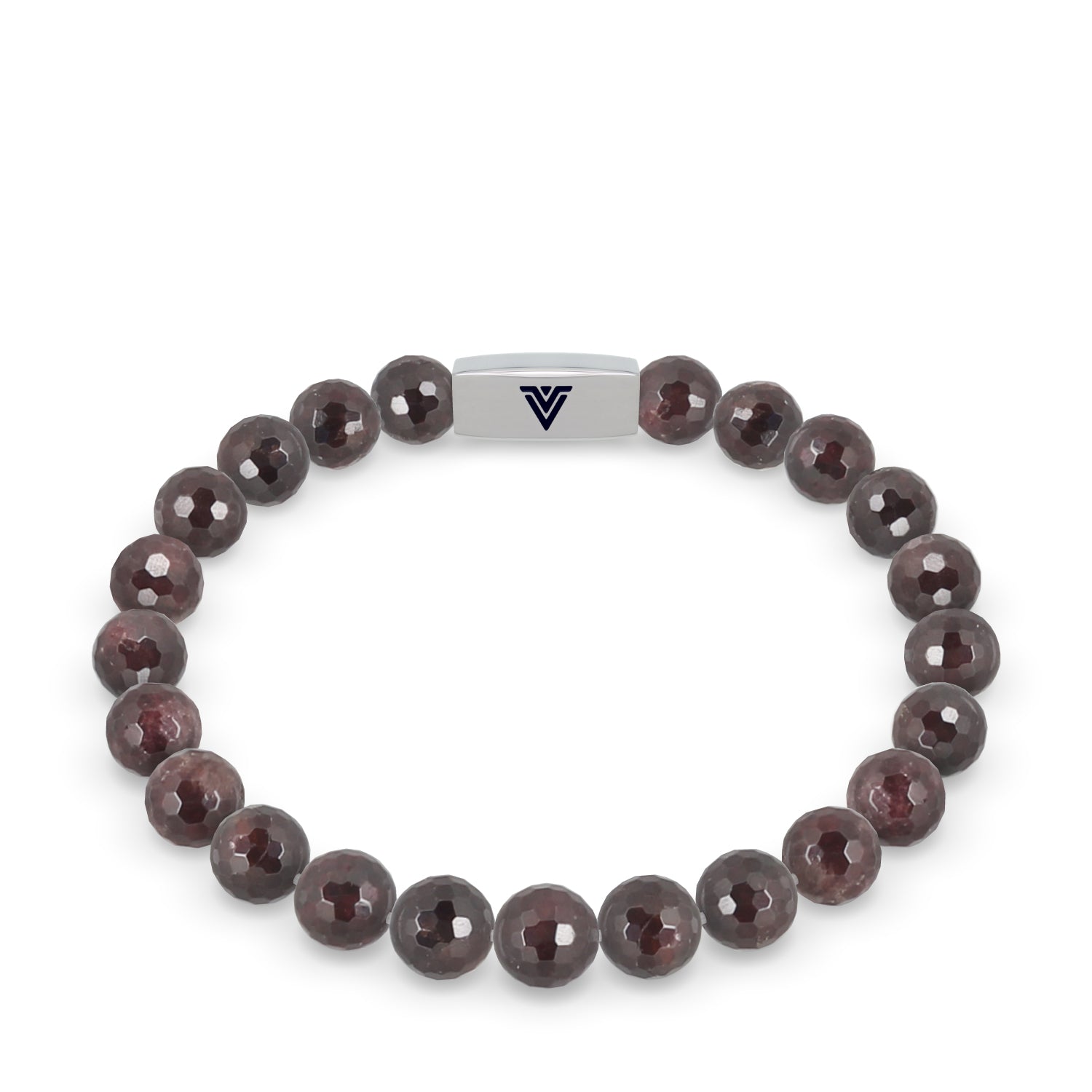 Front view of an 8mm Faceted Garnet Agate beaded stretch bracelet with silver stainless steel logo bead made by Voltlin