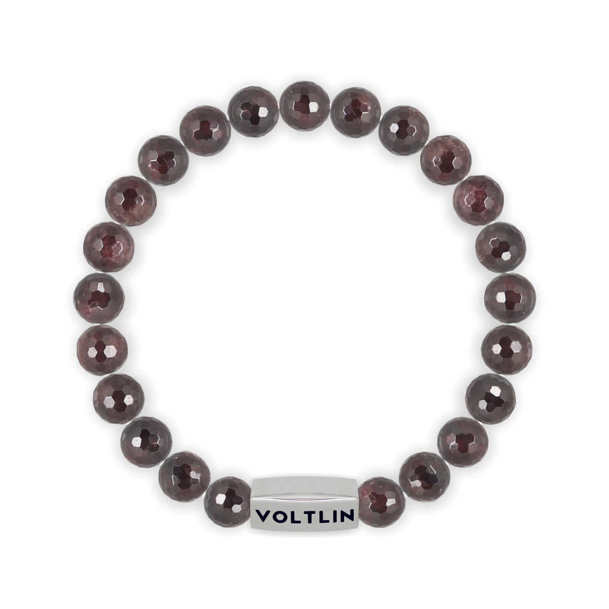 Top view of an 8mm Faceted Garnet Agate beaded stretch bracelet with silver stainless steel logo bead made by Voltlin