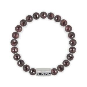Top view of an 8mm Faceted Garnet Agate beaded stretch bracelet with silver stainless steel logo bead made by Voltlin