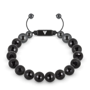 Front view of a 10mm Faceted Onyx crystal beaded shamballa bracelet with black stainless steel logo bead made by Voltlin
