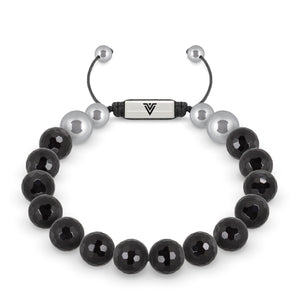 Front view of a 10mm Faceted Onyx beaded shamballa bracelet with silver stainless steel logo bead made by Voltlin