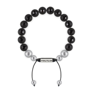 Top view of a 10mm Faceted Onyx beaded shamballa bracelet with silver stainless steel logo bead made by Voltlin