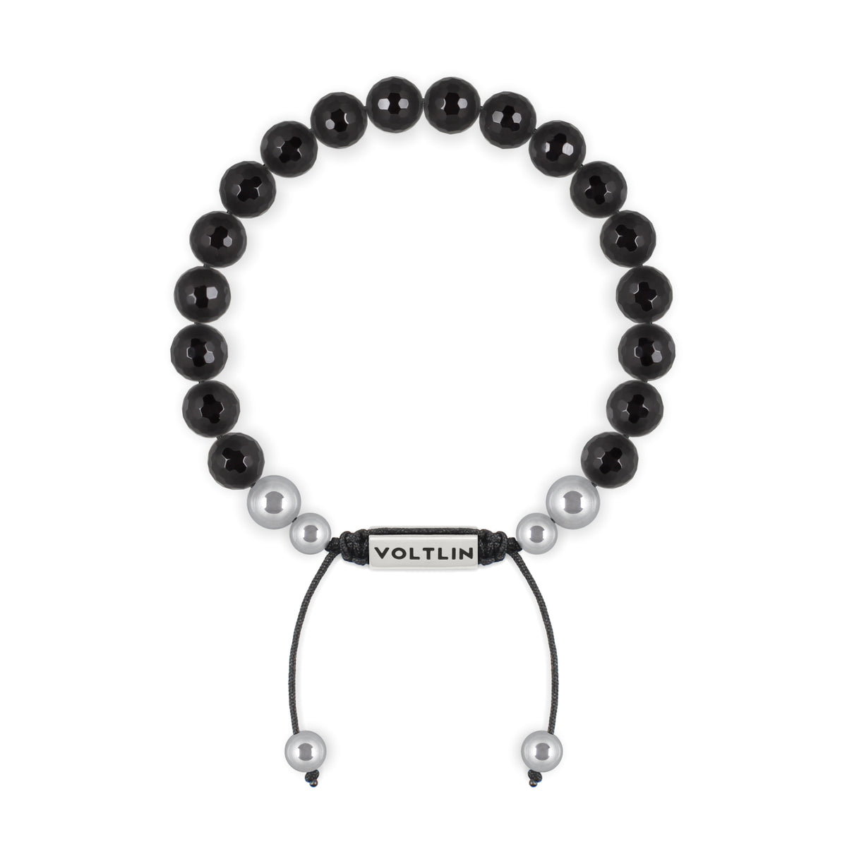 Top view of an 8mm Faceted Onyx beaded shamballa bracelet with silver stainless steel logo bead made by Voltlin