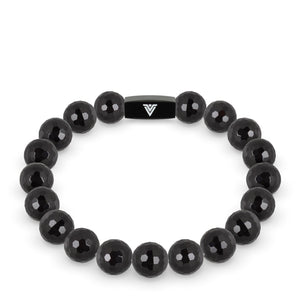 Front view of a 10mm Faceted Onyx crystal beaded stretch bracelet with black stainless steel logo bead made by Voltlin