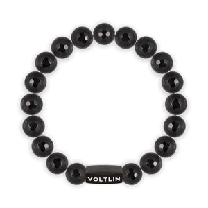 Top view of a 10mm Faceted Onyx crystal beaded stretch bracelet with black stainless steel logo bead made by Voltlin