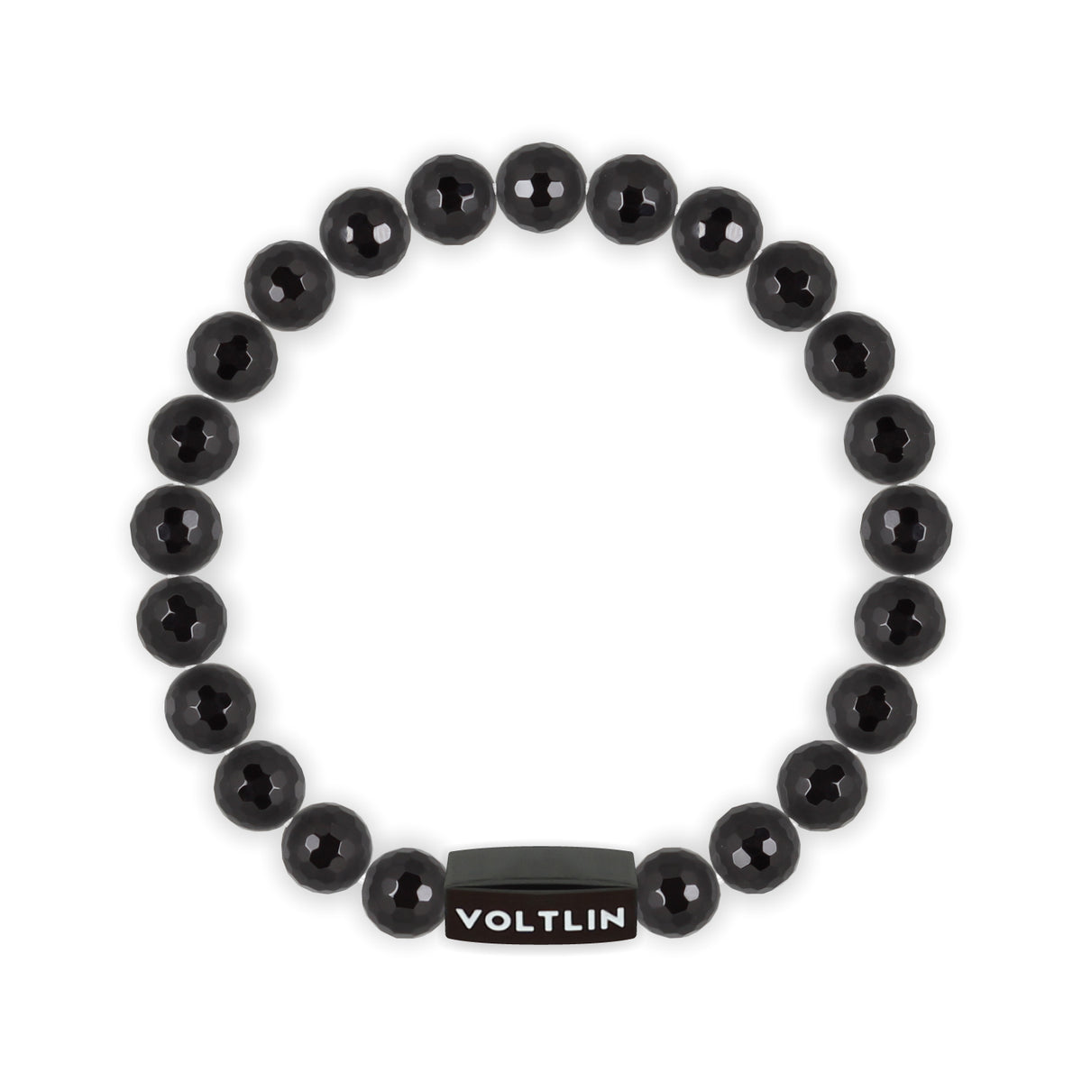 Top view of an 8mm Faceted Onyx crystal beaded stretch bracelet with black stainless steel logo bead made by Voltlin