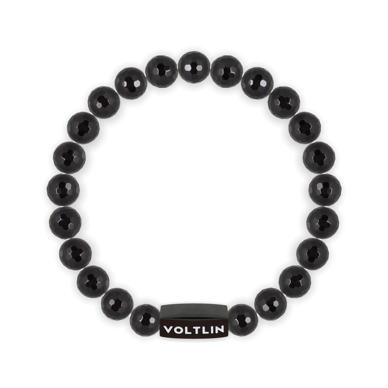 Top view of an 8mm Faceted Onyx crystal beaded stretch bracelet with black stainless steel logo bead made by Voltlin