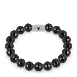 Front view of a 10mm Faceted Onyx beaded stretch bracelet with silver stainless steel logo bead made by Voltlin