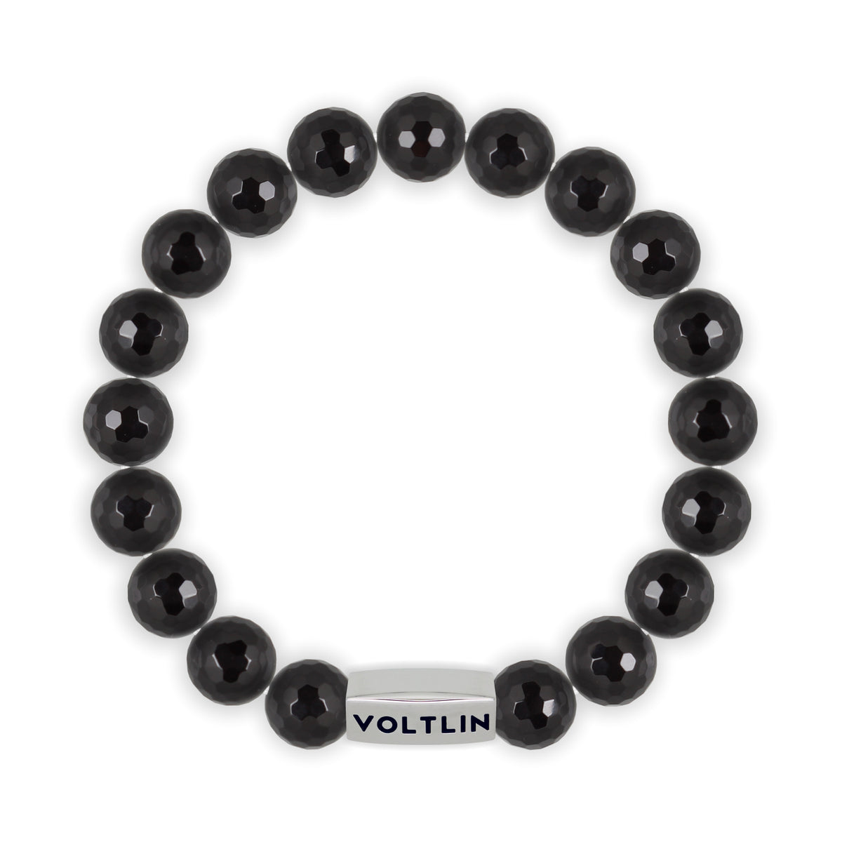 Top view of a 10mm Faceted Onyx beaded stretch bracelet with silver stainless steel logo bead made by Voltlin