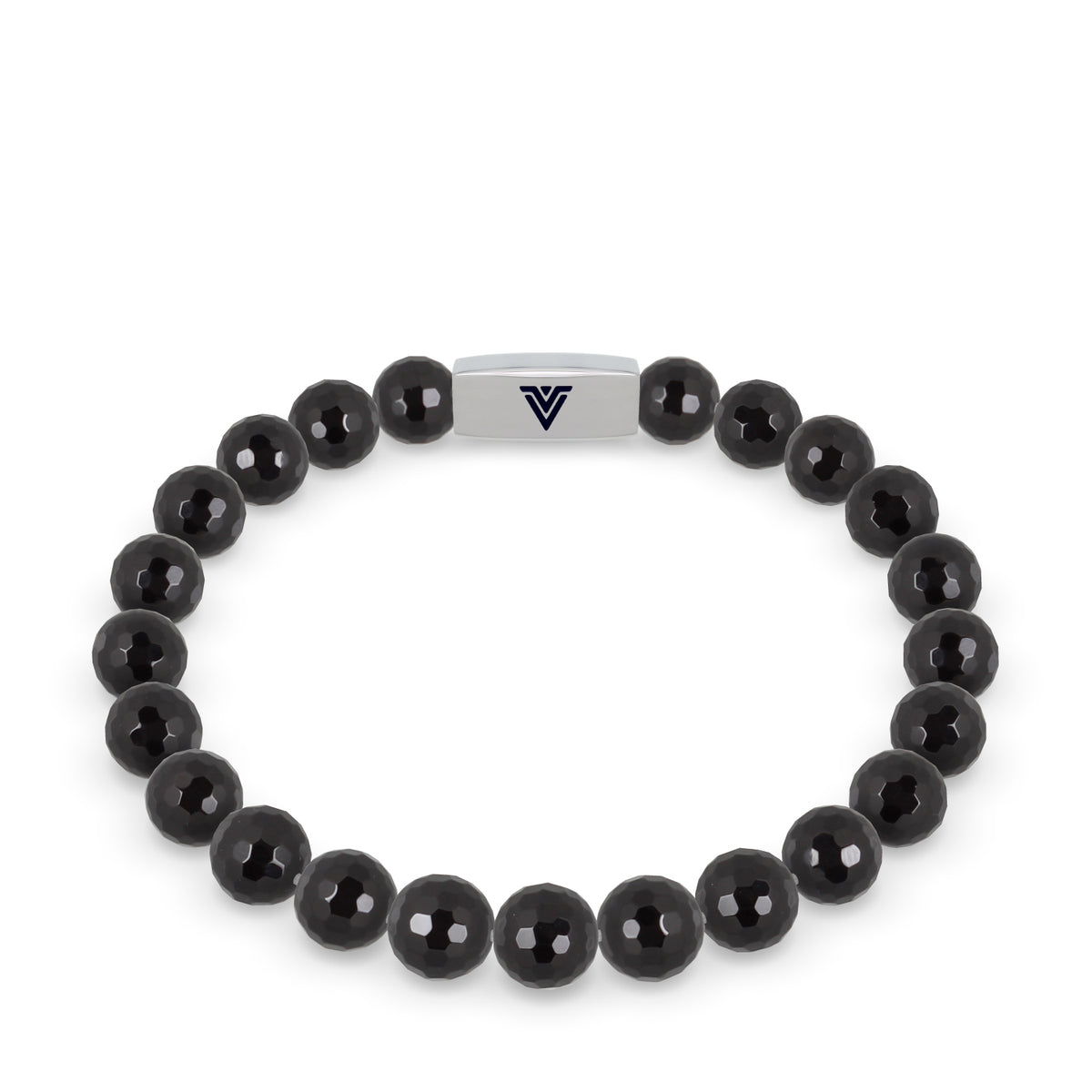 Front view of an 8mm Faceted Onyx beaded stretch bracelet with silver stainless steel logo bead made by Voltlin