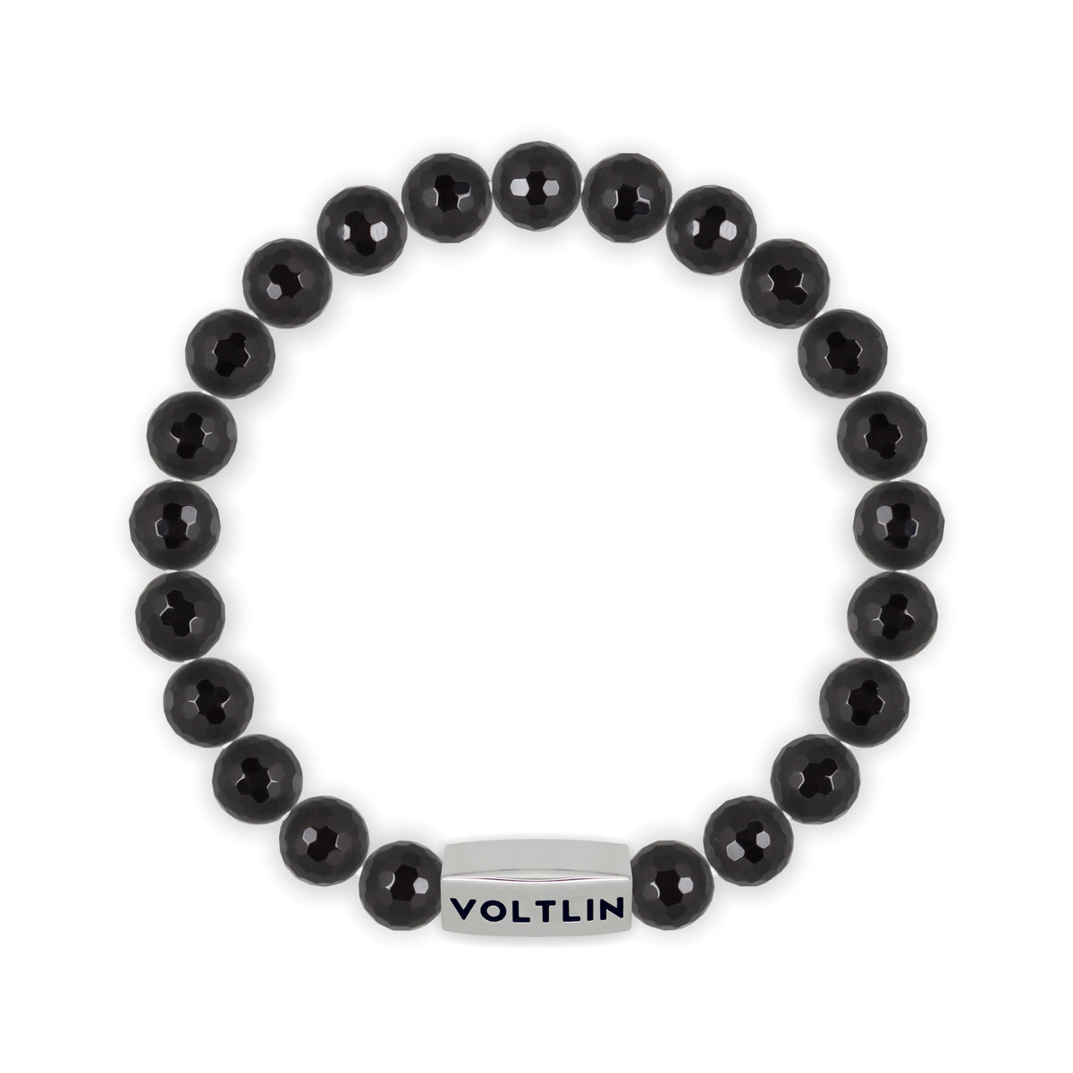 Top view of an 8mm Faceted Onyx beaded stretch bracelet with silver stainless steel logo bead made by Voltlin