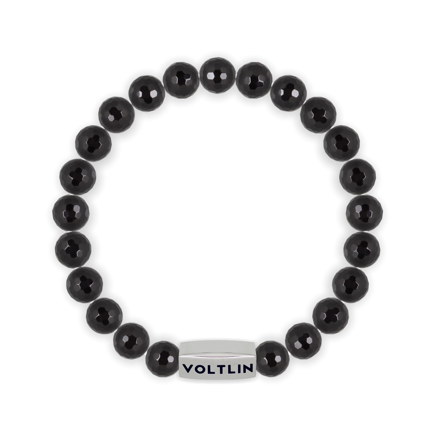 Top view of an 8mm Faceted Onyx beaded stretch bracelet with silver stainless steel logo bead made by Voltlin