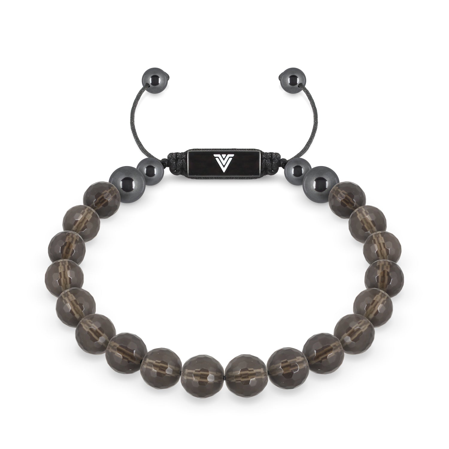 Front view of an 8mm Faceted Smoky Quartz crystal beaded shamballa bracelet with black stainless steel logo bead made by Voltlin