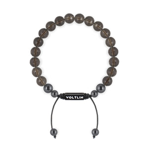 Top view of an 8mm Faceted Smoky Quartz crystal beaded shamballa bracelet with black stainless steel logo bead made by Voltlin