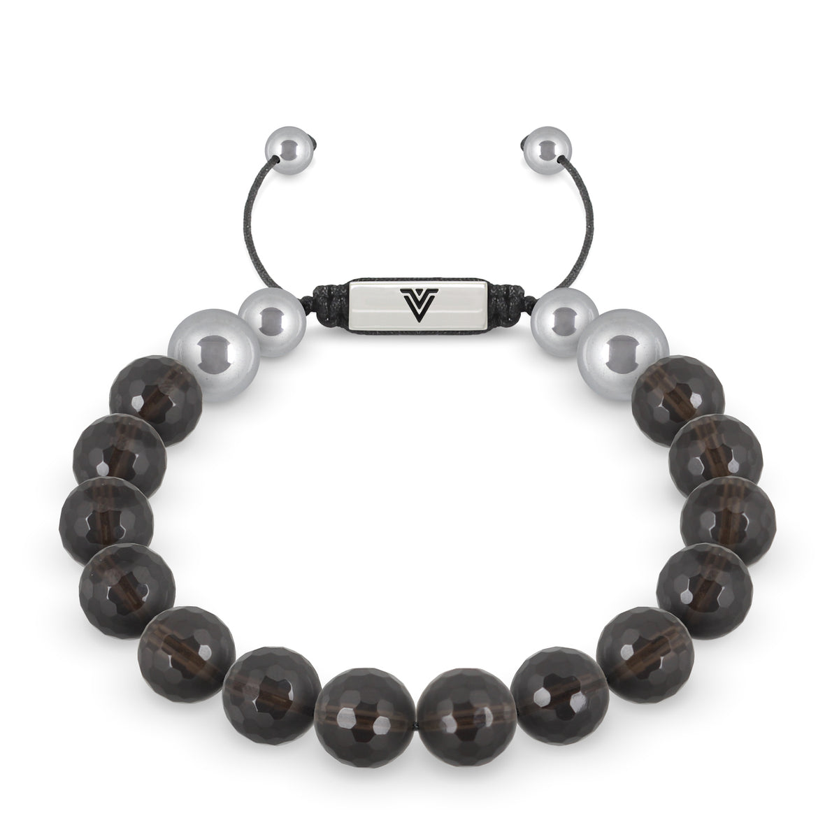 Front view of a 10mm Faceted Smoky Quartz beaded shamballa bracelet with silver stainless steel logo bead made by Voltlin
