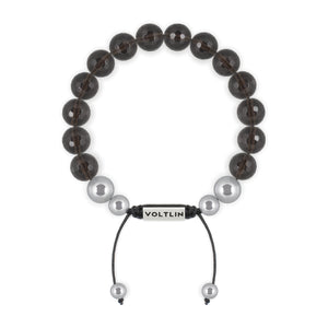 Top view of a 10mm Faceted Smoky Quartz beaded shamballa bracelet with silver stainless steel logo bead made by Voltlin