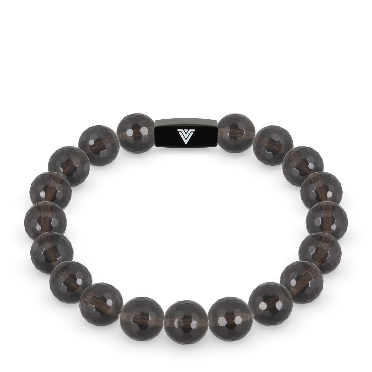 Front view of a 10mm Faceted Smoky Quartz crystal beaded stretch bracelet with black stainless steel logo bead made by Voltlin