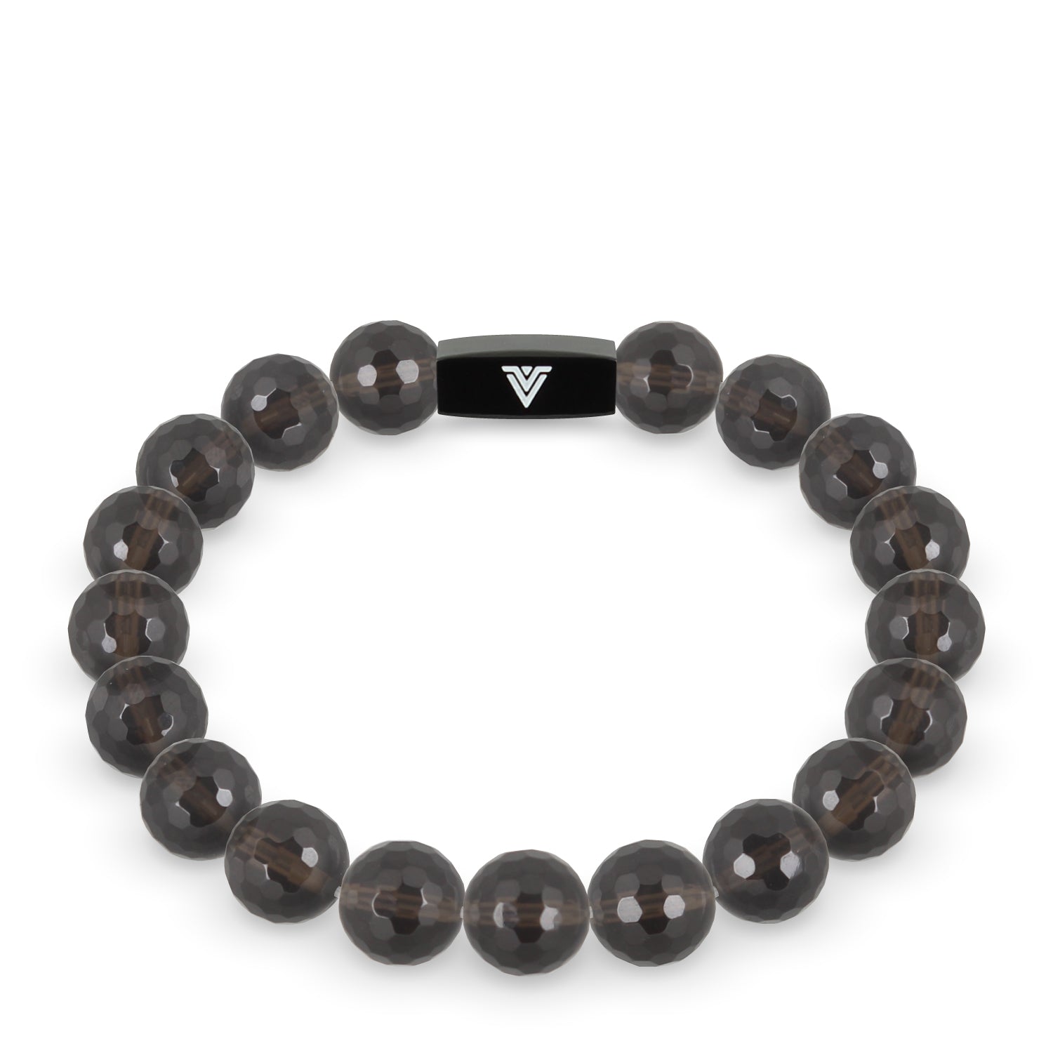 Front view of a 10mm Faceted Smoky Quartz crystal beaded stretch bracelet with black stainless steel logo bead made by Voltlin