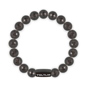Top view of a 10mm Faceted Smoky Quartz crystal beaded stretch bracelet with black stainless steel logo bead made by Voltlin