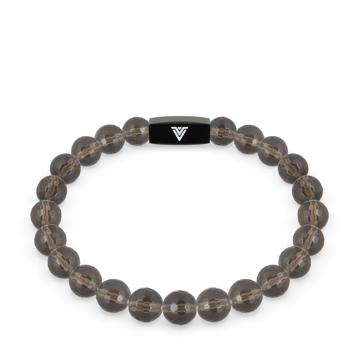 Front view of an 8mm Faceted Smoky Quartz crystal beaded stretch bracelet with black stainless steel logo bead made by Voltlin
